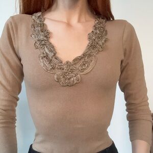 Tan Long Sleeve Top with Embroidered Neckline